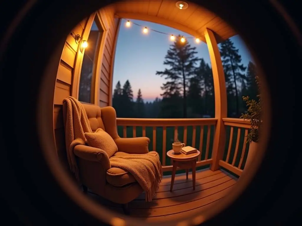 Fisheye view of comfortable armchair on porch with blanket, side table, and string lights at twilight