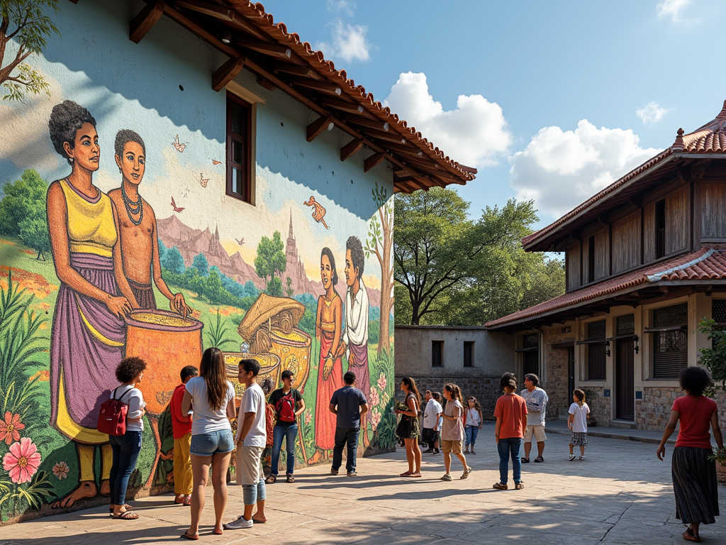 Large cultural mural depicting traditional scenes with people viewing artwork in courtyard setting