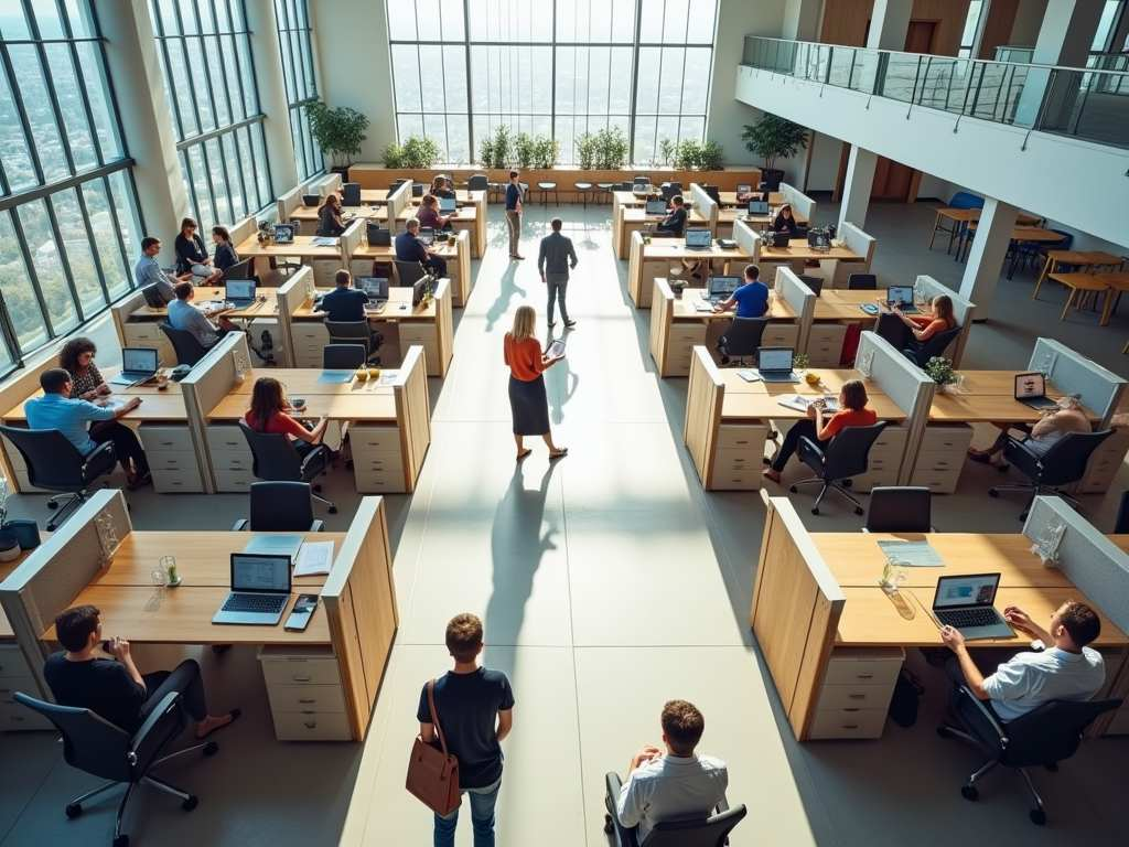 Aerial view of open office layout with central walkway and workstations along floor-to-ceiling windows