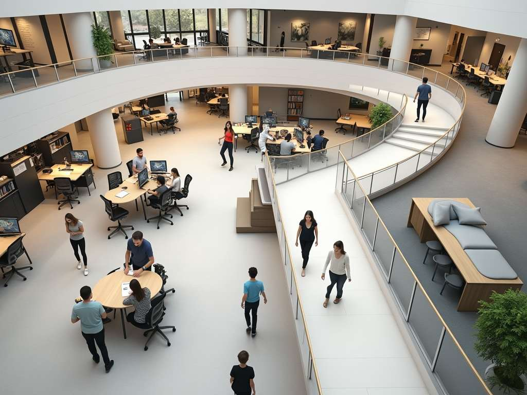 Curved office layout with spiral ramp connecting multiple levels, showing people in accidental motion