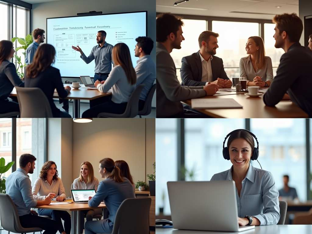 Four-panel collage showing various workplace collaboration scenarios including in-person and remote workplace