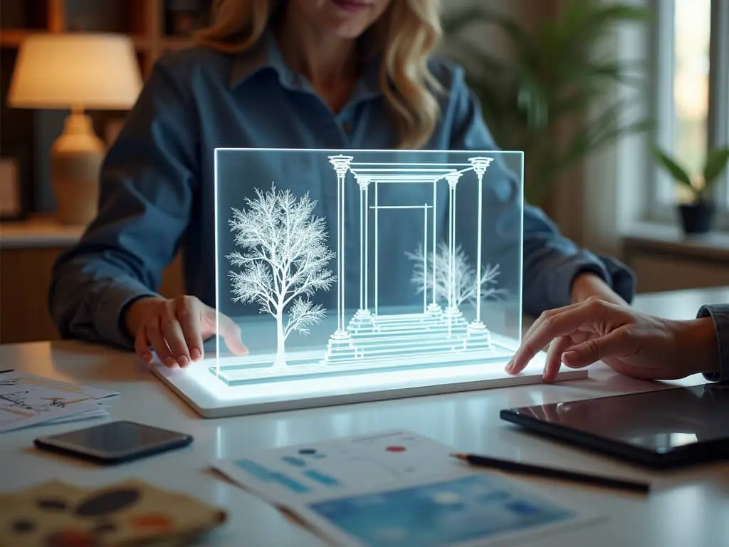 Designer working with holographic display showing architectural entryway concept with trees