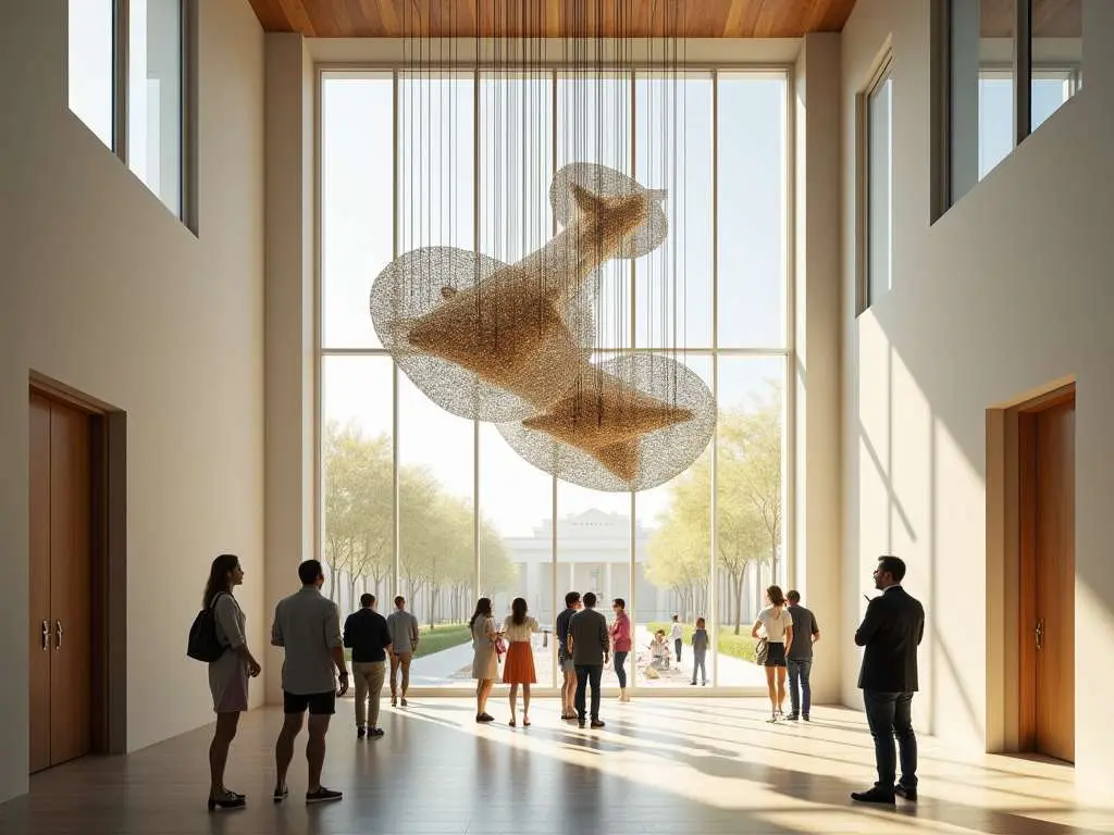 Large suspended mesh sculpture in sunlit modern entryway with visitors admiring installation