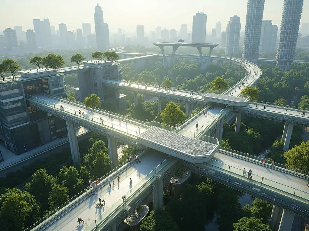 Futuristic elevated transparent walkway system connecting urban buildings with integrated solar panels and green spaces