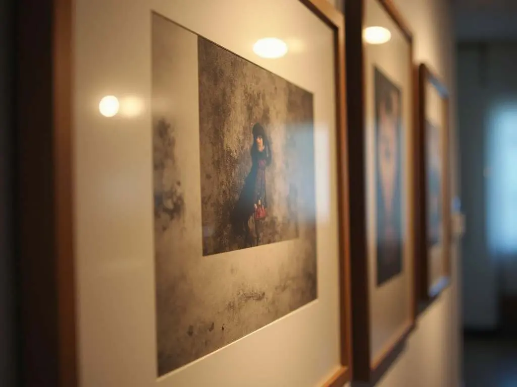 Close-up of framed artwork with professional gallery walls lighting and shallow depth of field