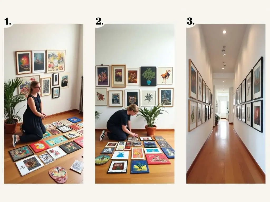 Three-stage process of creating a gallery wall: selecting art, floor arrangement, and final installation