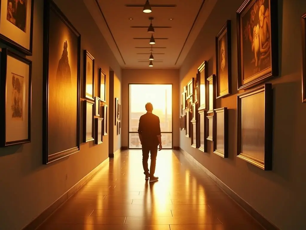 Elegant hallway with gallery wall illuminated by warm golden light, featuring silhouetted figure admiring artwork