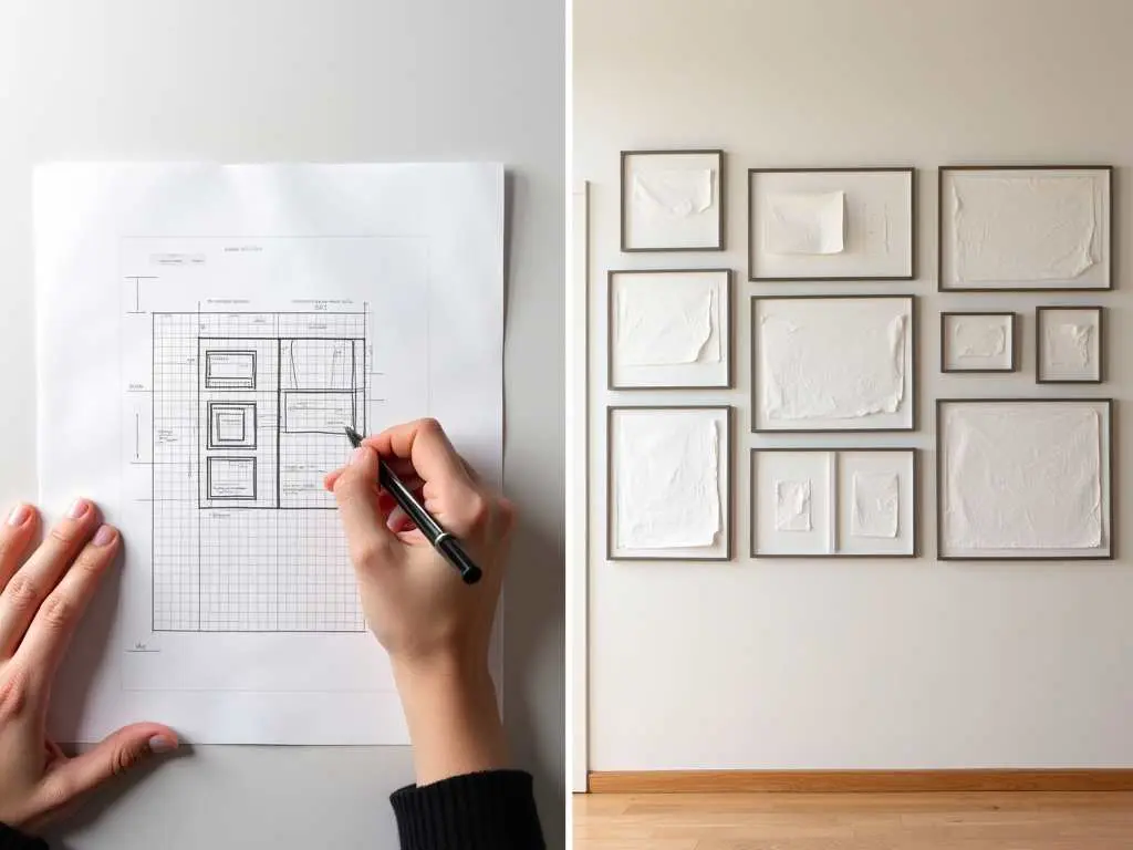 Split view of gallery wall planning: hand sketching layout and minimalist frame arrangement