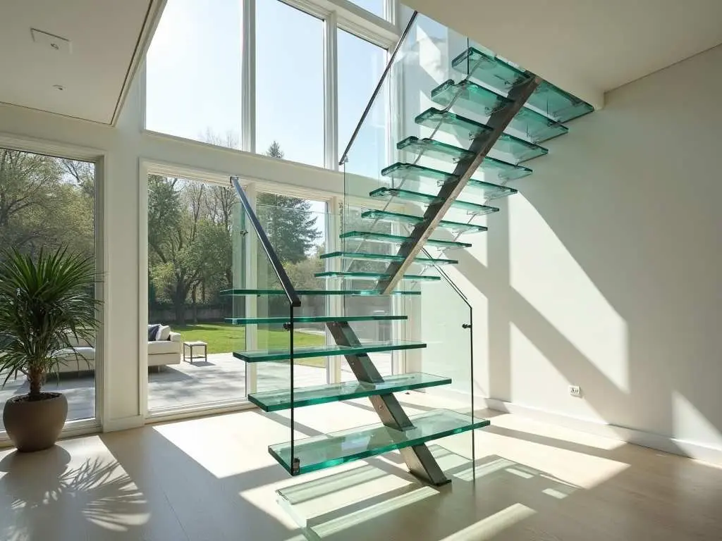 Modern glass staircase with steel spine and transparent treads bathed in natural light