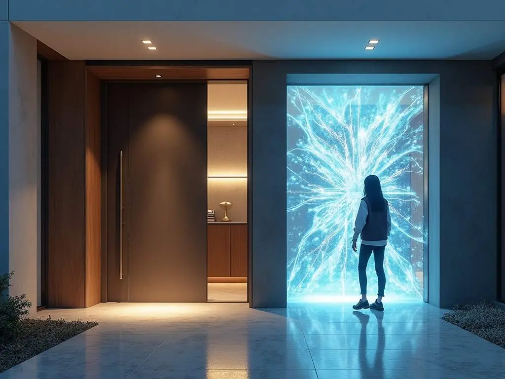 Modern residential entrance featuring contrasting traditional wooden door and futuristic holographic portal with silhouette observing glowing blue energy patterns