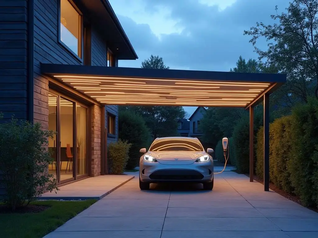 Evening view of smart canopies with integrated LED lighting and electric vehicle charging station