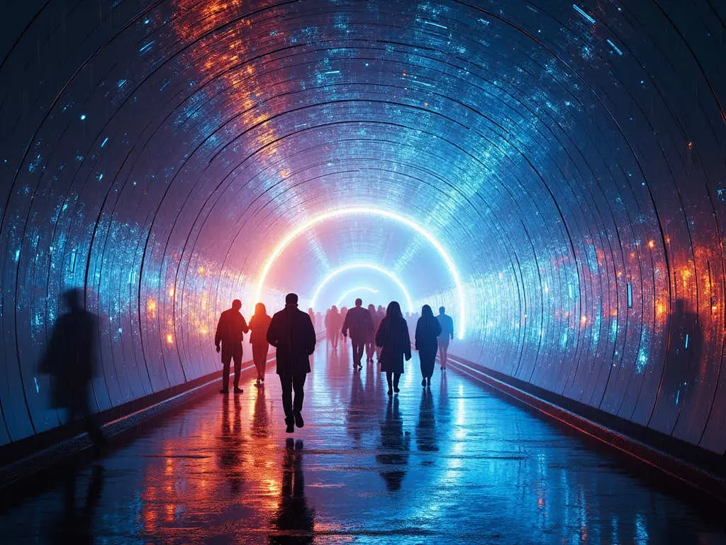 People walking through a futuristic Shape-Shifting Tunnel with dynamic lighting effects in blue and orange hues.