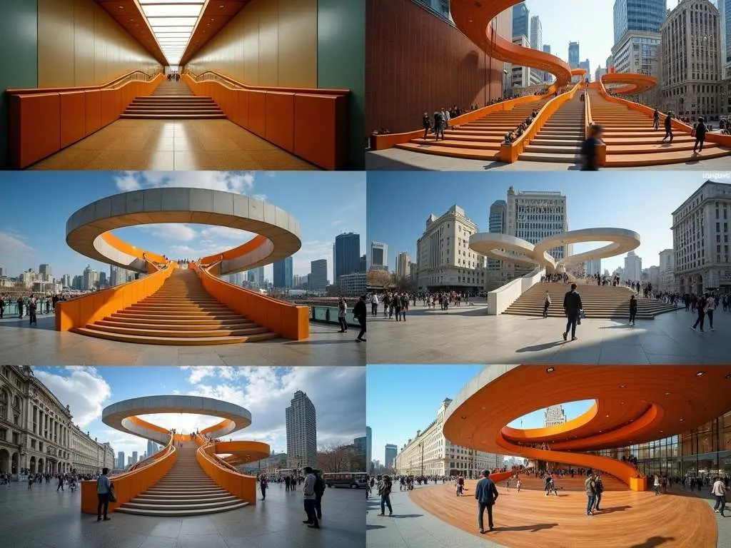 Collection of orange spiral staircases featuring modern architectural designs in urban settings