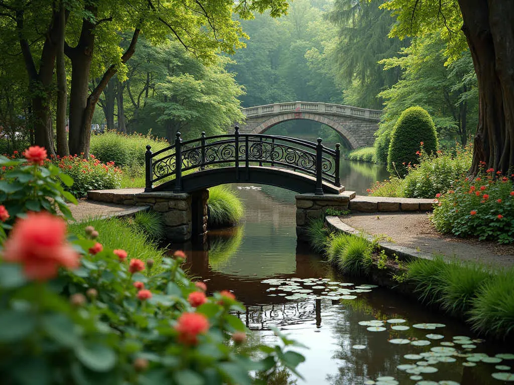 Ornate metal garden bridge with stone arch bridge in background, surrounded by flowering plants and lily pads