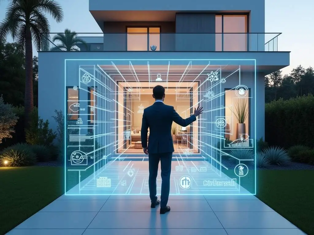 Business professional interacting with large-scale holographic control interface at modern home entrance, displaying various smart home controls and security features