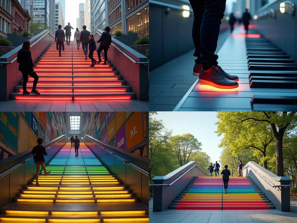 Collage of illuminated musical staircases showing diverse installations with red, rainbow, and LED lighting in urban settings