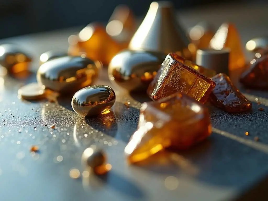 Close-up of metallic and amber glass materials for kinetic floating sculpture construction