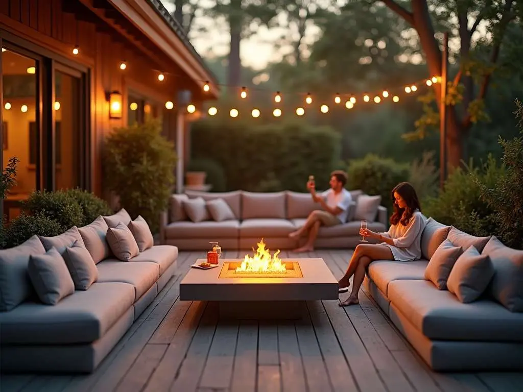 Modern outdoor porch with sectional sofas around fire pit table, string lights, and evening ambiance