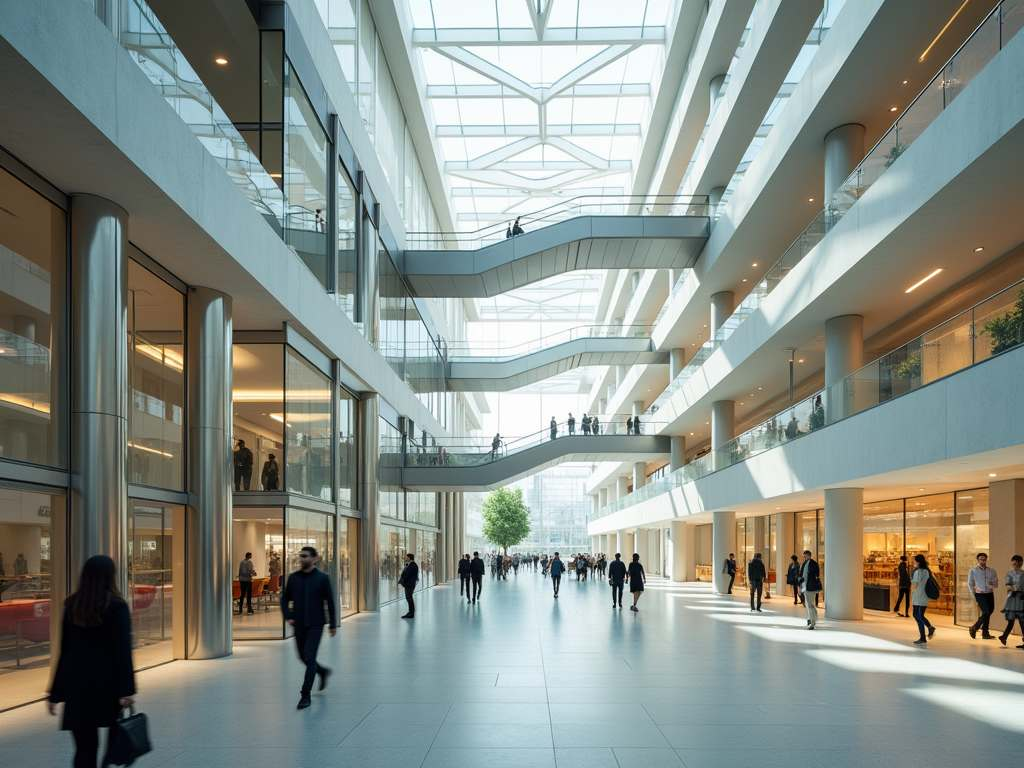 Multi-level atrium with curved walkways, natural lighting, transitional spaces and flowing pedestrian traffic in contemporary office building.