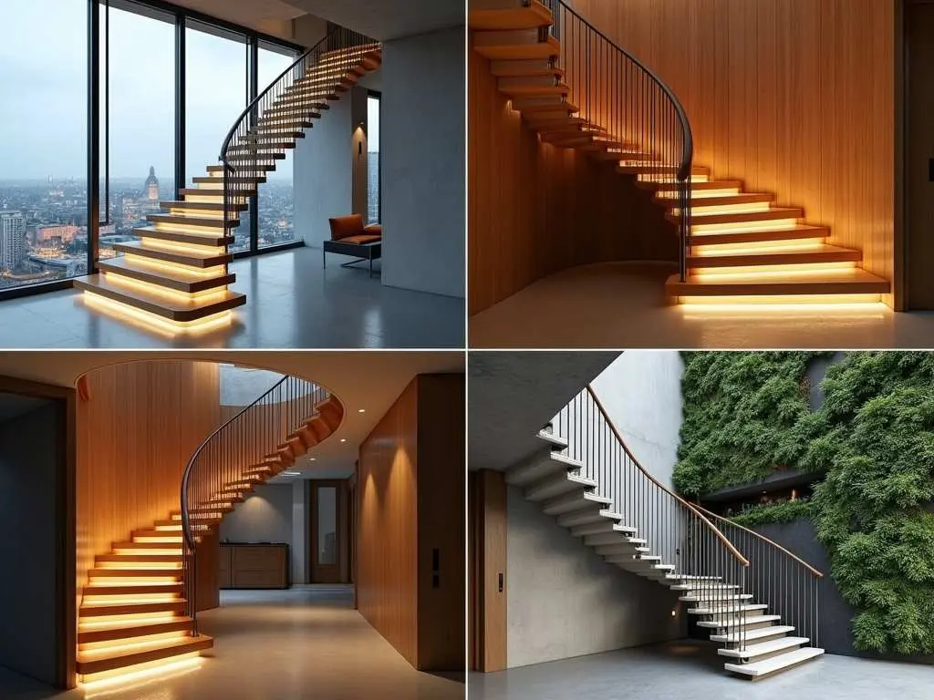 Collection of modern floating staircases featuring LED lighting, curved designs, and architectural elements in luxury settings