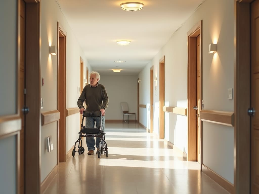 Wide, well-lit hallway with handrails and non-slip flooring designed for accessibility