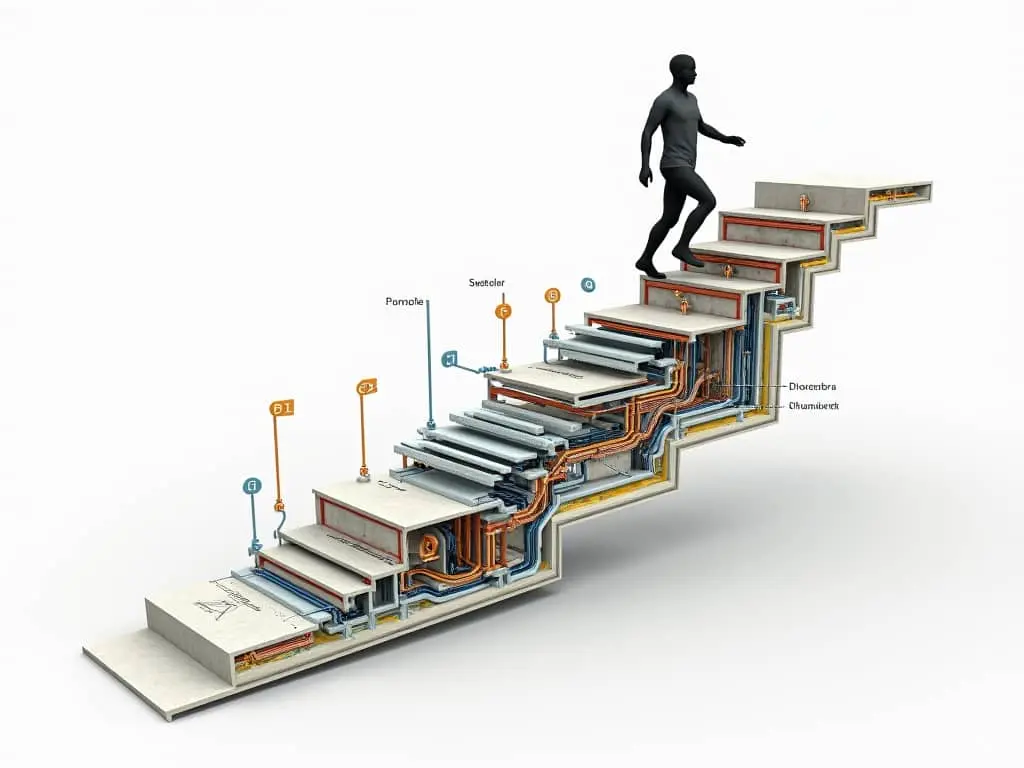 3D technical diagram showing internal components and mechanisms of a musical staircase system