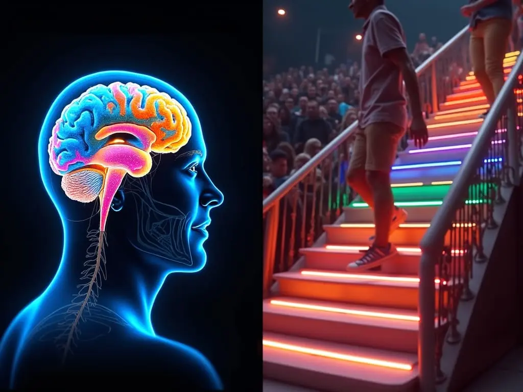 Split-screen image comparing illuminated brain scan with people using colorful musical stairs