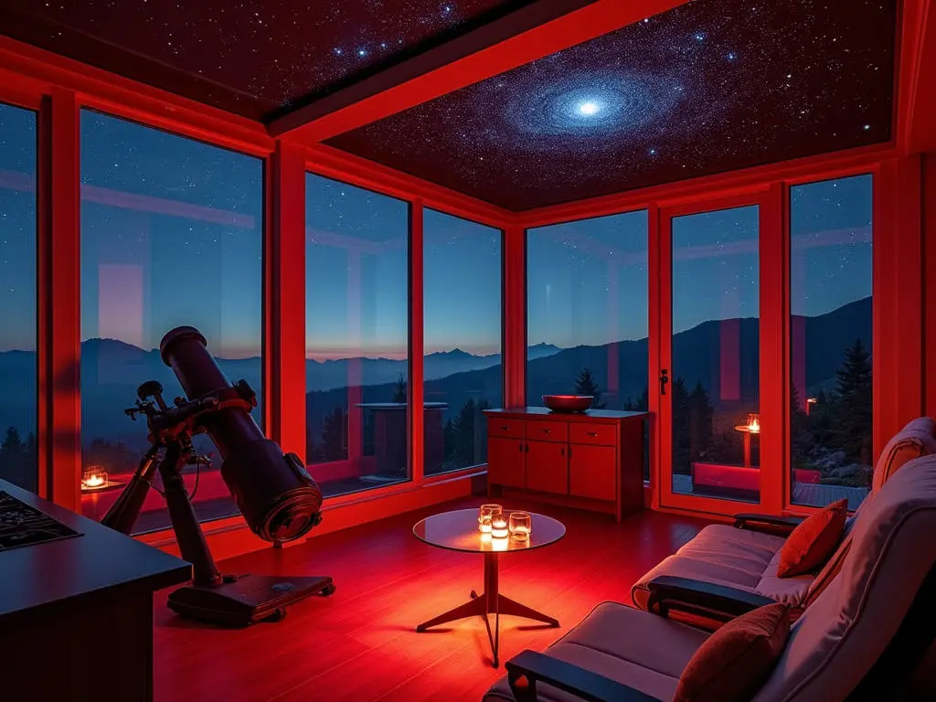 Observatory-style porch interior , personal planetarium with telescope and red ambient lighting against mountain backdrop