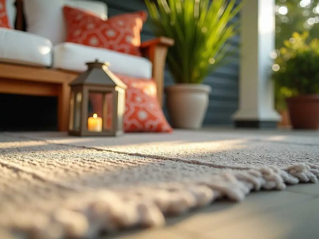 Close-up of porch accessories including woven rug, coral pillows, lantern, and potted plants