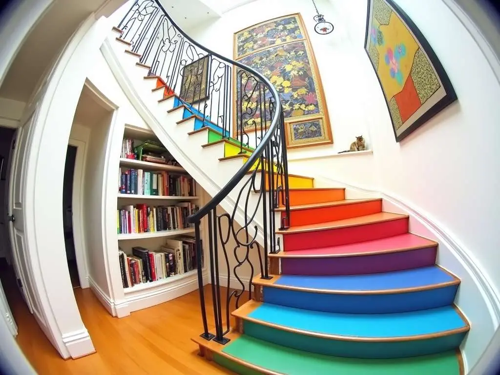 Curved staircase with rainbow-colored treads, stairway designs decorative iron railings, and built-in bookshelf