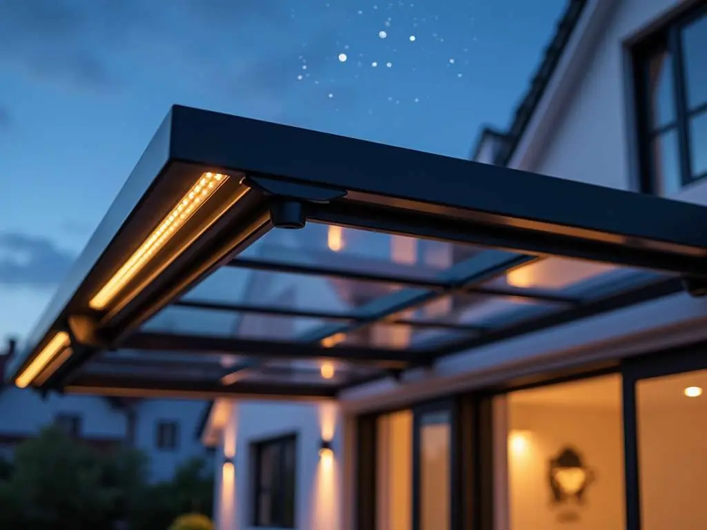 Close-up of modern glass roof system with integrated LED lighting at twilight