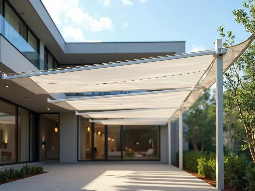 White retractable fabric smart canopy system extending over modern home patio and driveway area