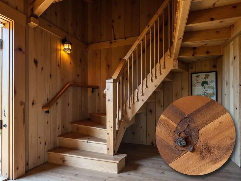 Traditional wooden staircase with custom detailing and vintage lantern in pine-paneled interior