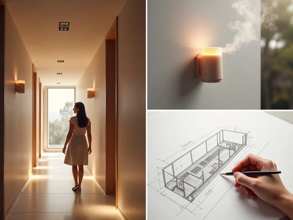 Modern hallway with scent diffusers featuring warm lighting, wall-mounted aromatherapy device, and architectural planning sketch