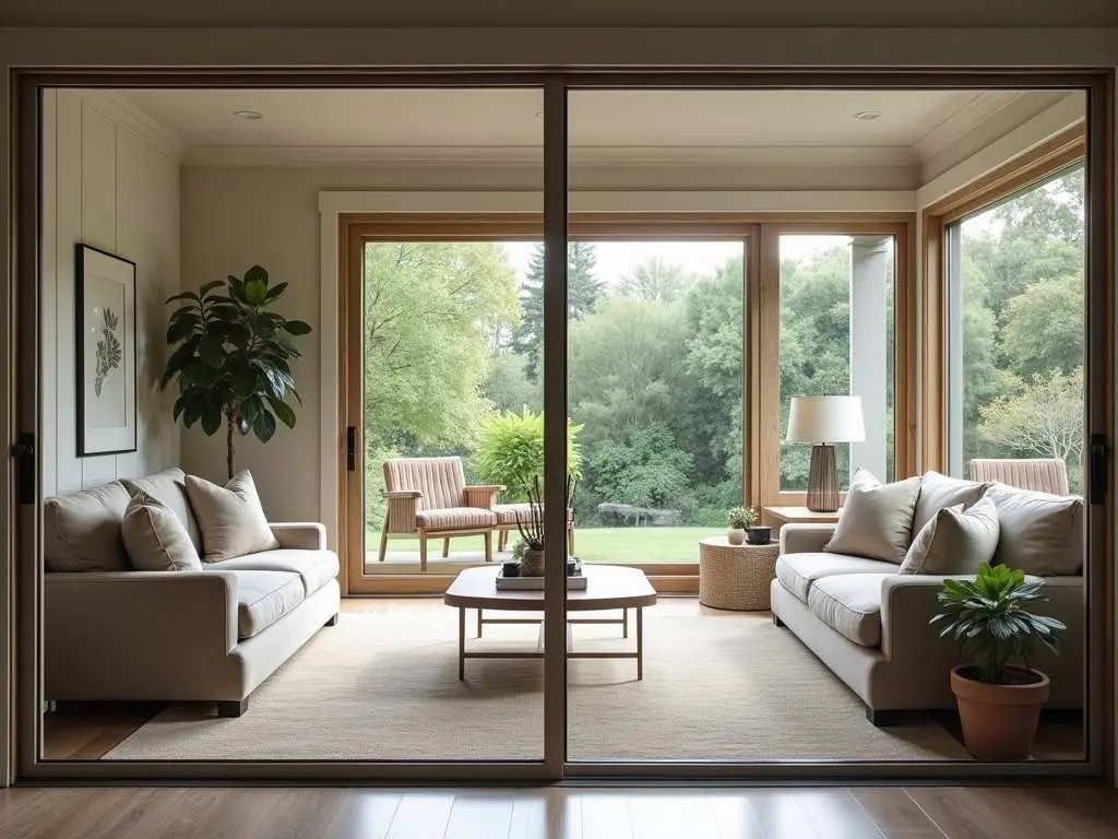 Sliding glass doors connecting indoor living room to outdoor trendy porch furniture with matching furniture styles