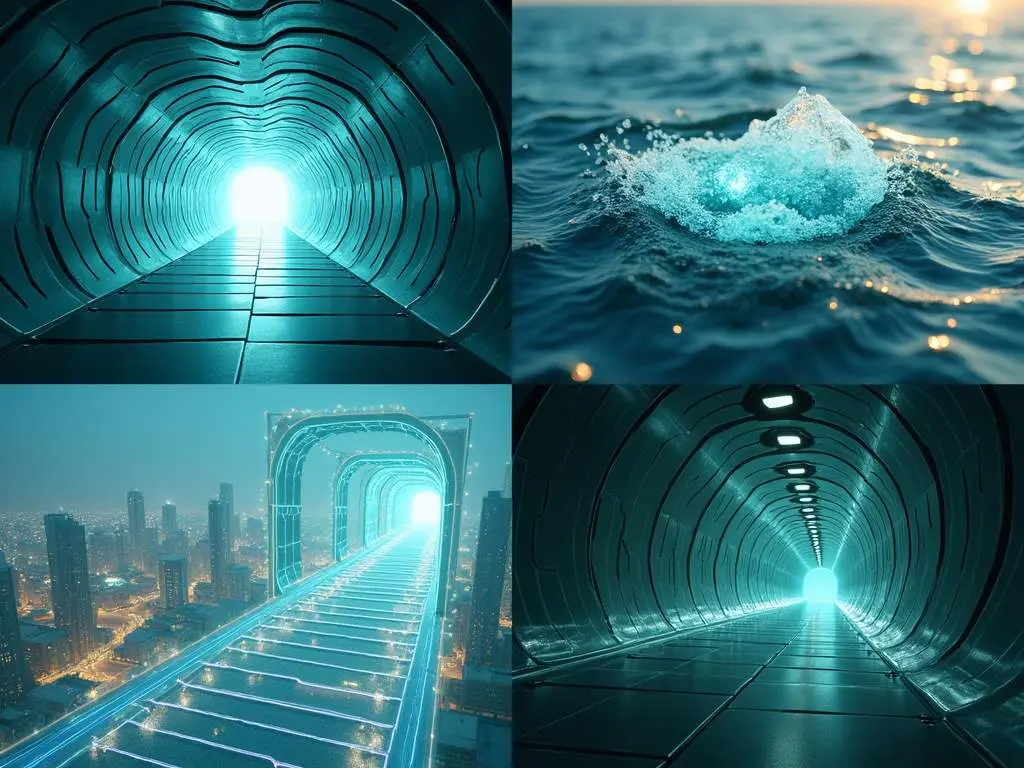 Collage showing futuristic tunnel designs with glowing blue lighting, featuring urban integration and dynamic architectural elements.