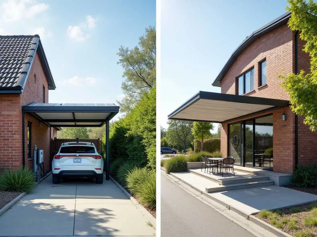 Split view of smart canopy applications: vehicle protection and outdoor living space with modern brick home