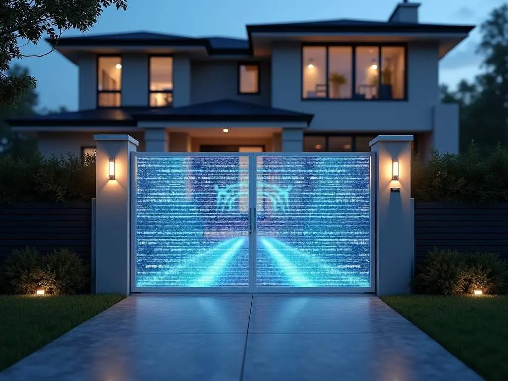 Modern luxury home entrance with illuminated holographic gate displaying digital patterns and security interface at dusk