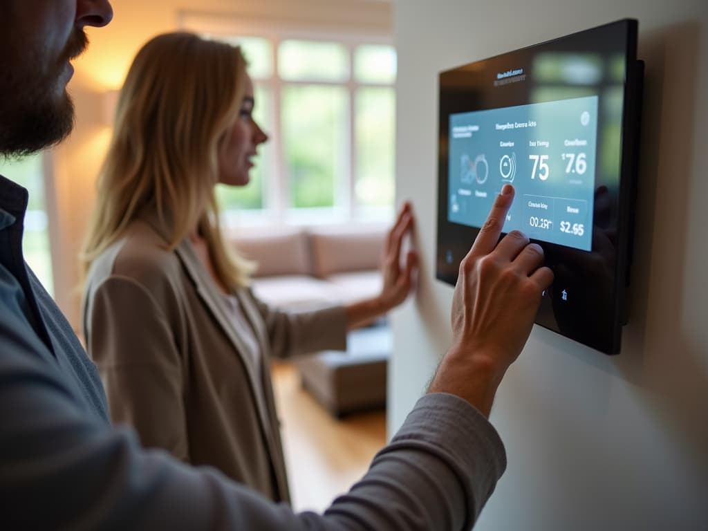 Two people interacting with a wall-mounted smart home control panel displaying temperature and energy settings