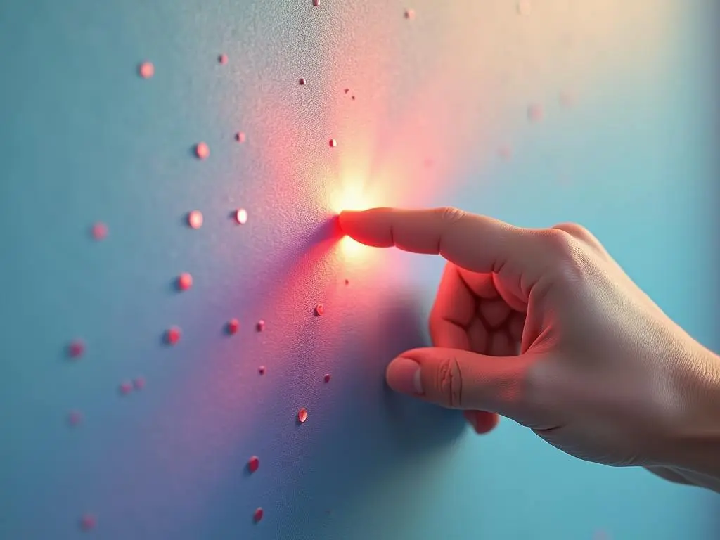 Hand touching an interactive wall with illuminated sensors, creating a rippling effect of red and blue light. Shape-Shifting Tunnels