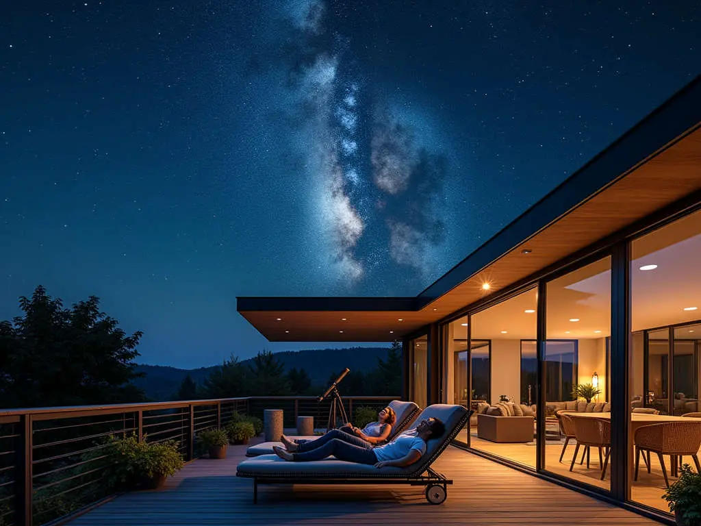 Modern stargazing porch with retractable roof featuring two loungers and telescope under visible Milky Way