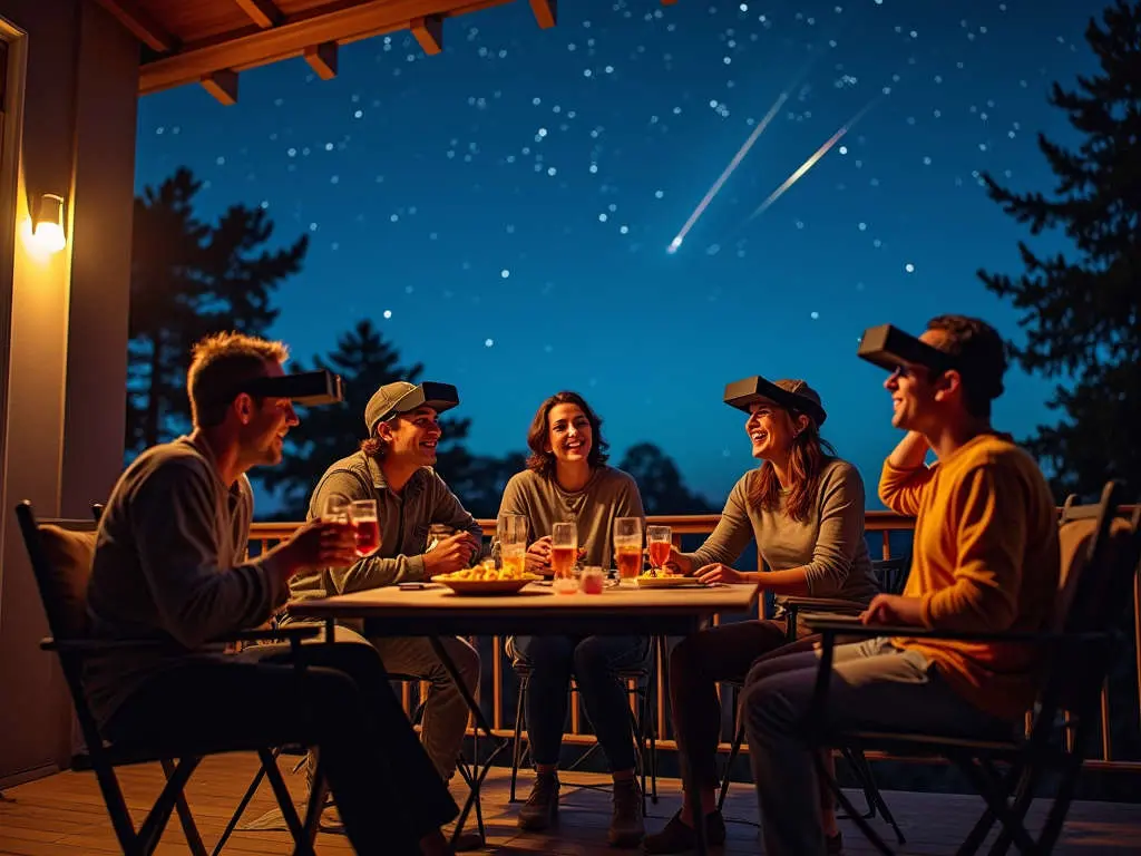 Friends enjoying meteor shower viewing on illuminated porch with AR headsets