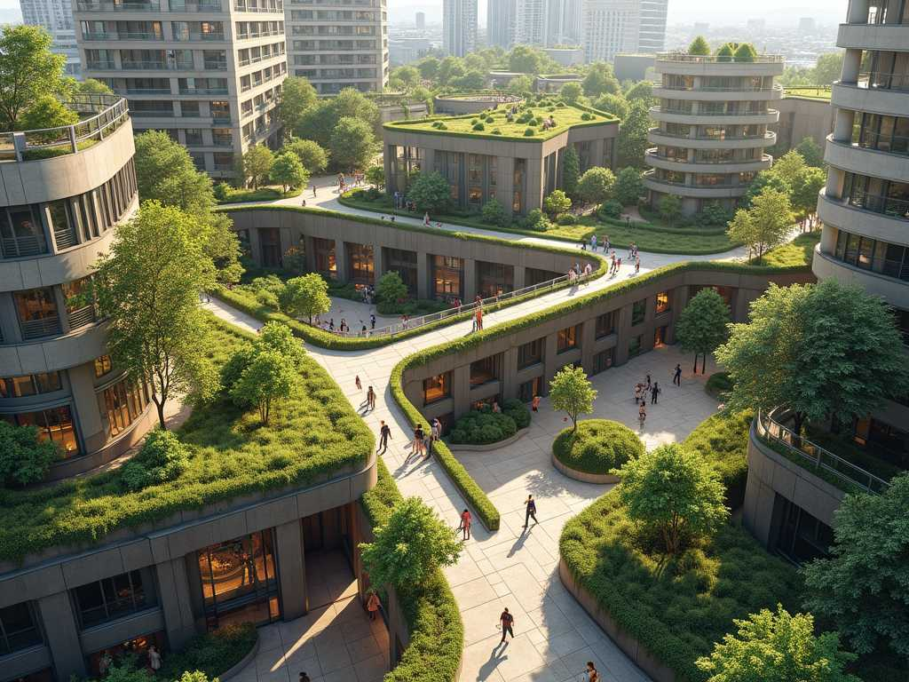 Aerial view of modern building complex with green rooftops, walking paths, and integrated community spaces