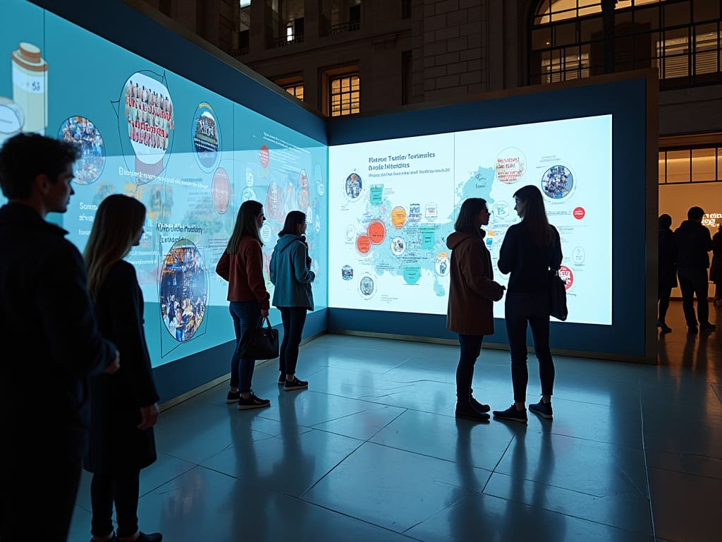 Interactive digital wall installation with multiple viewers engaging with illuminated information displays transitional spaces