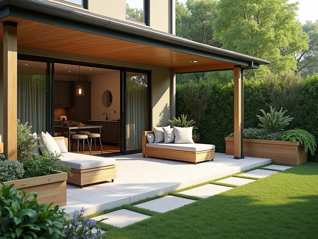 Modern covered patio with sliding glass doors, built-in seating, spaces and accessible raised planters