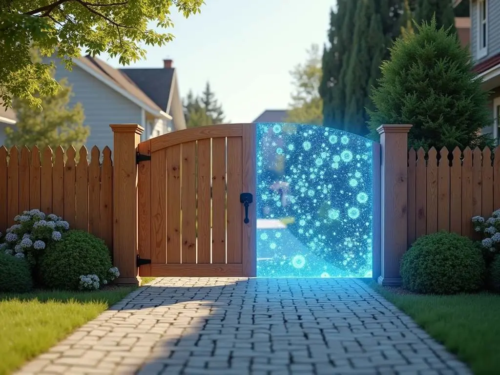 Split-design wooden garden gate transitioning into holographic gateways portal with glowing blue particle effects in suburban setting