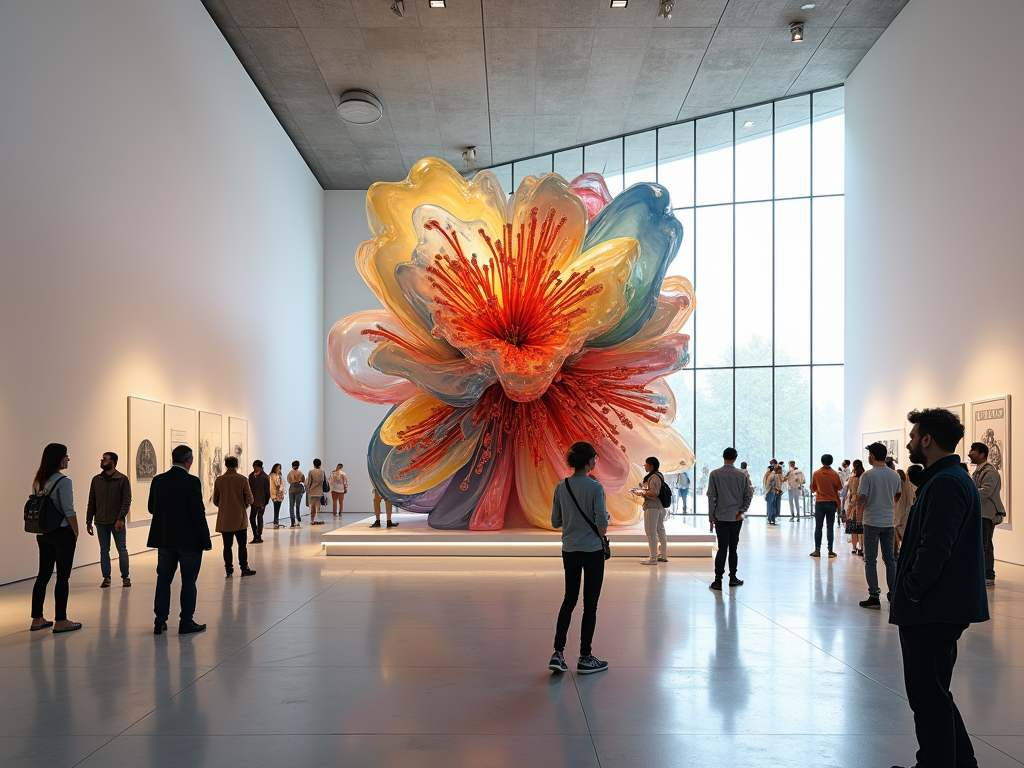 Large-scale colorful flower sculpture in gallery space with visitors viewing artwork