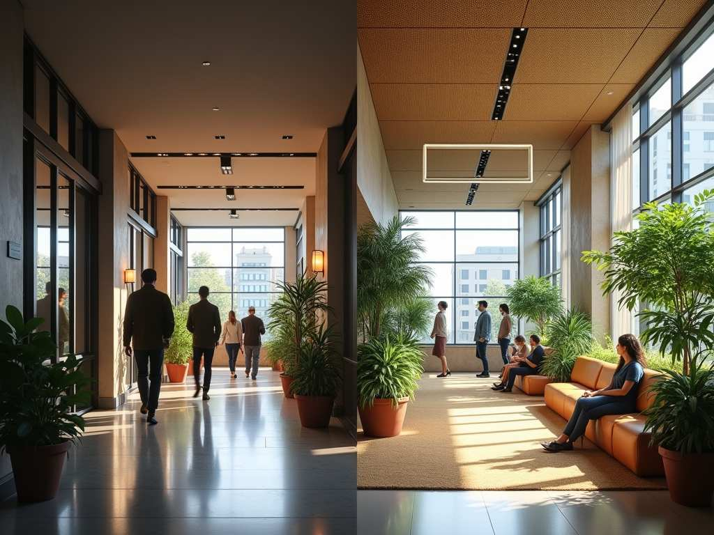 Modern office corridor with natural light and biophilic elements, showing contrasting scenes of movement and rest in transitional spaces