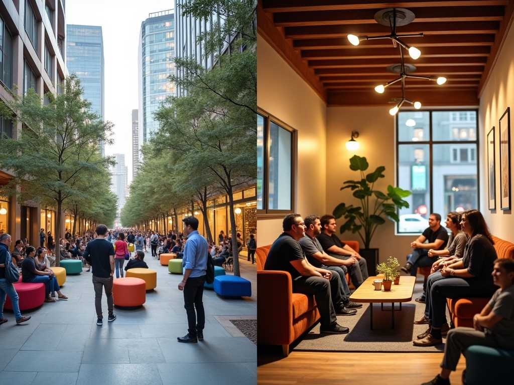 Urban plaza with colorful seating and trees alongside cozy indoor community lounge showing contrasting transitional spaces