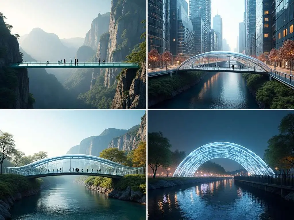 Collage of four transparent bridges showcasing modern architectural designs - mountain glass bridge, urban curved walkway, nature-integrated bridge, and illuminated night bridge